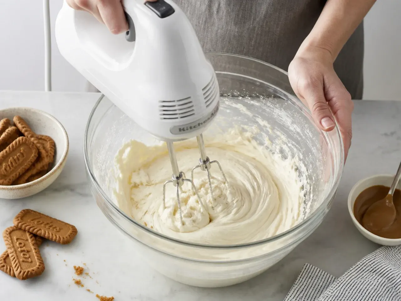 mini biscoff cheesecake — step 3: beat the cream cheese base