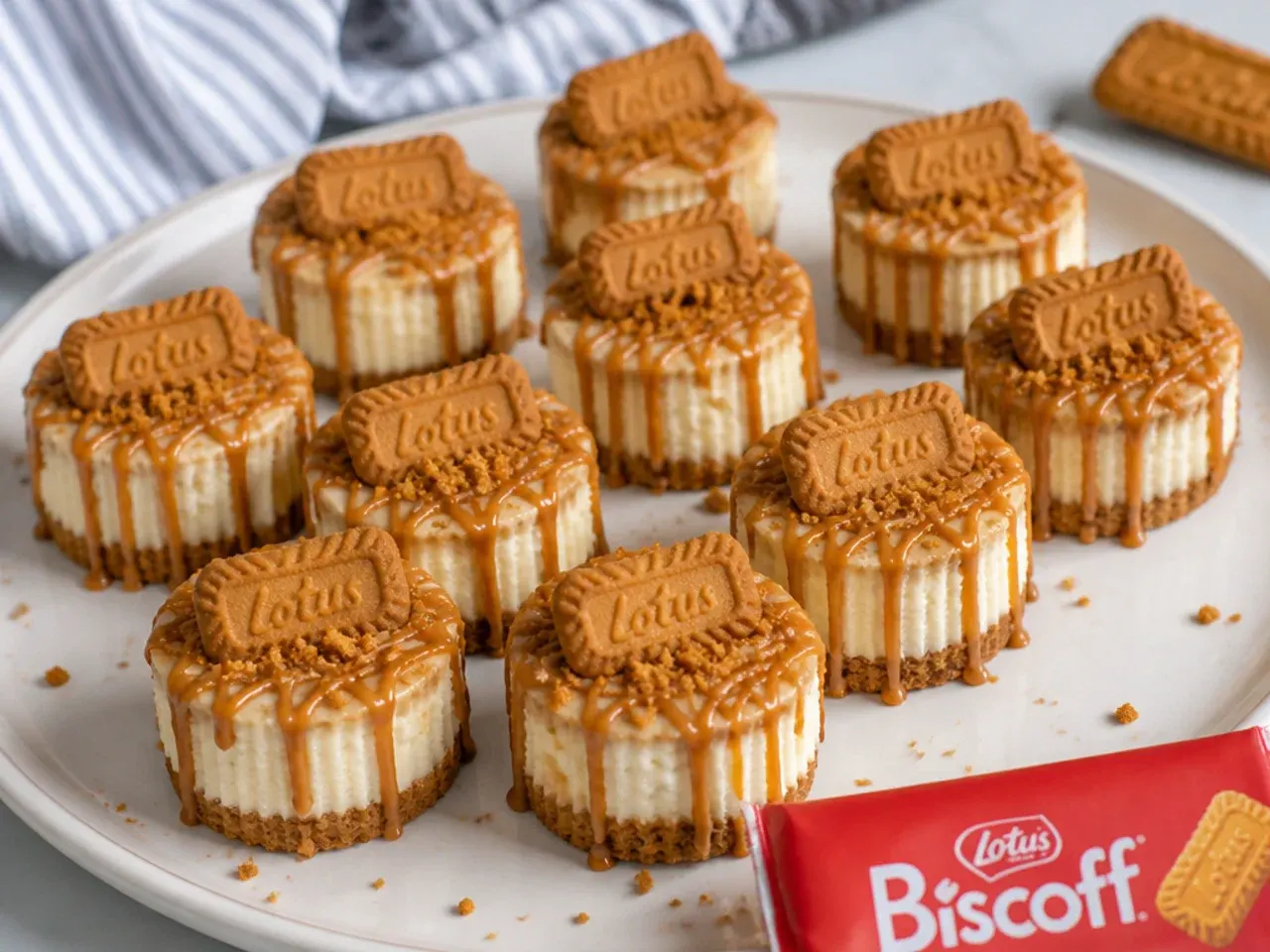 A tray of mini Biscoff cheesecakes topped with cookie butter drizzle and Lotus biscuits