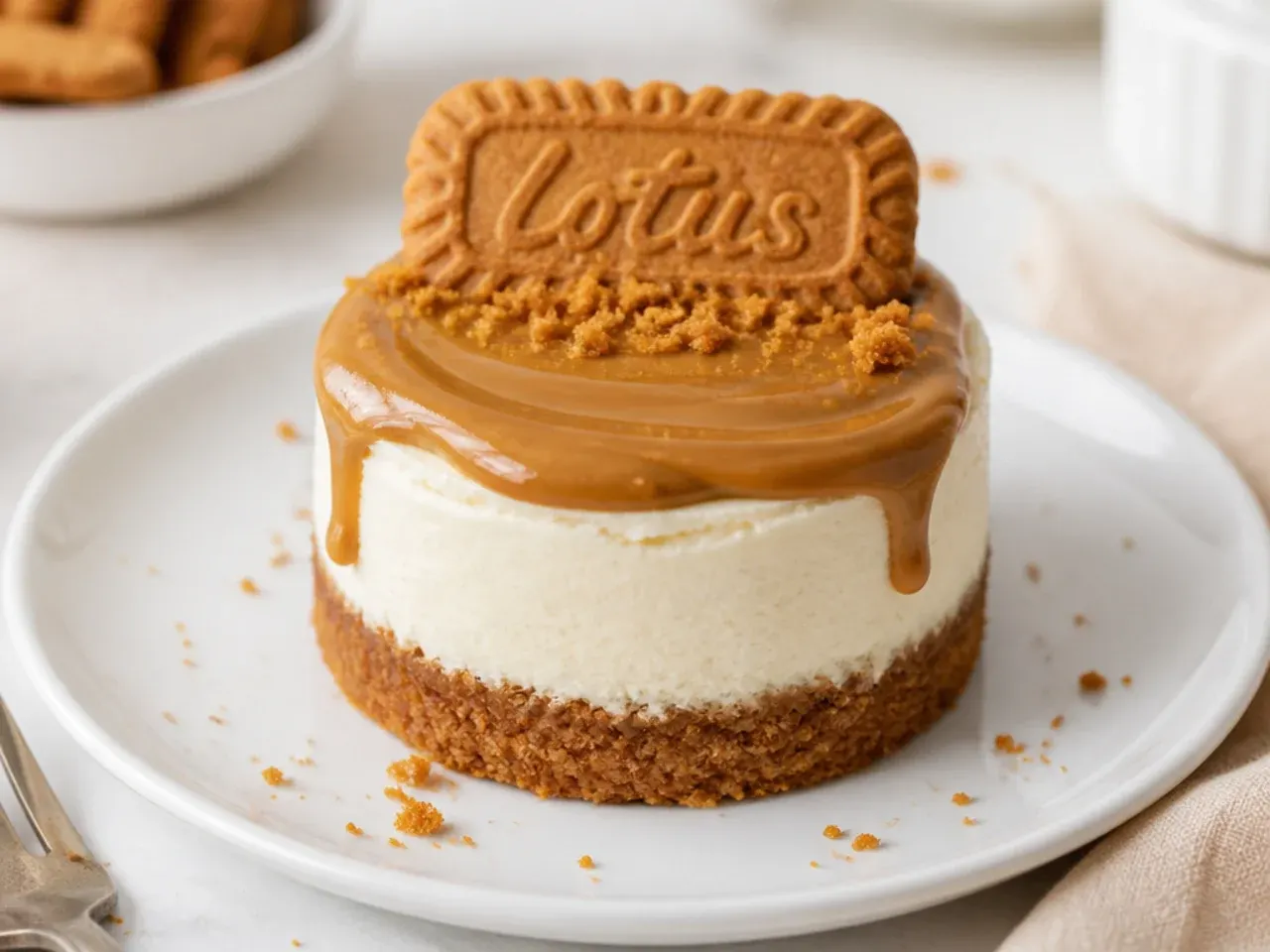 Classic mini Biscoff cheesecake topped with smooth cookie butter and a whole Lotus biscuit