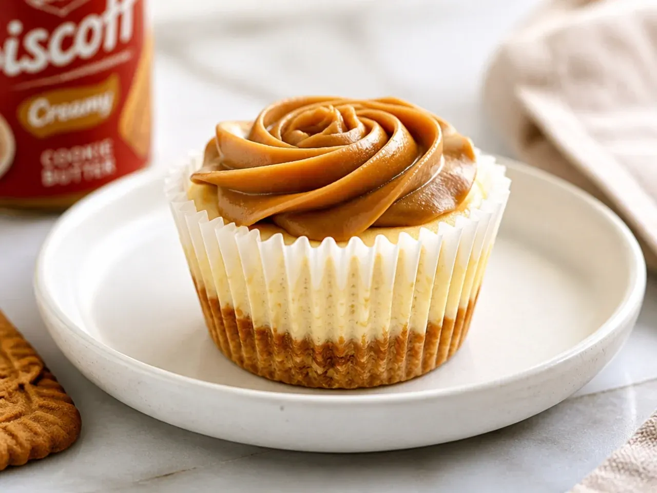 Easy five-ingredient mini Biscoff cheesecake in a paper liner with a swirl of spread