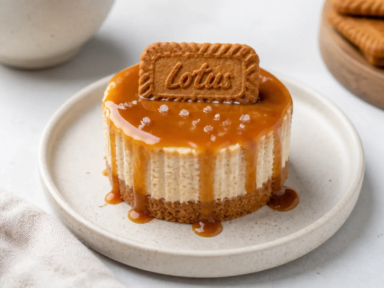 Elegant mini Biscoff cheesecake drizzled with salted caramel and a flake of sea salt