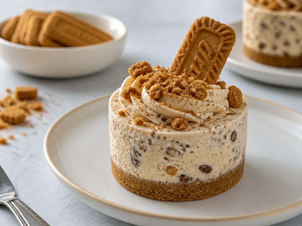 Playful cookies-and-cream mini Biscoff cheesecake studded with crushed biscuit pieces