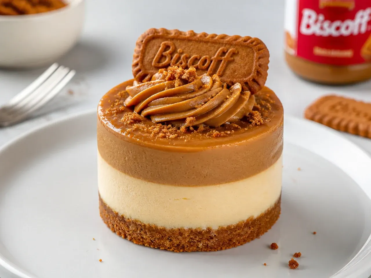 Modern two-tone layered mini Biscoff cheesecake showing pale and caramel filling stripes