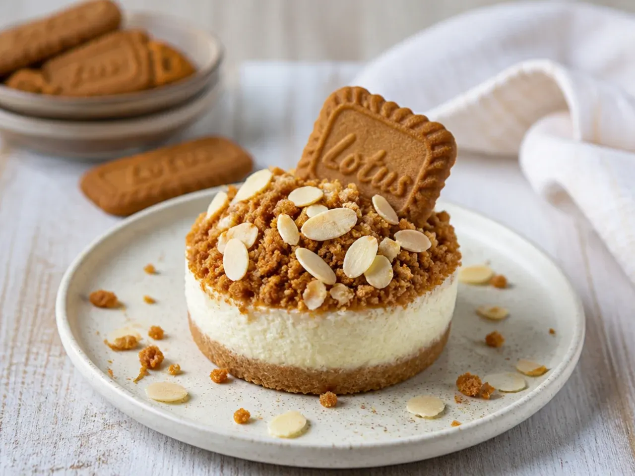 Rustic mini Biscoff cheesecake piled with crushed biscuit crumble and flaked almonds