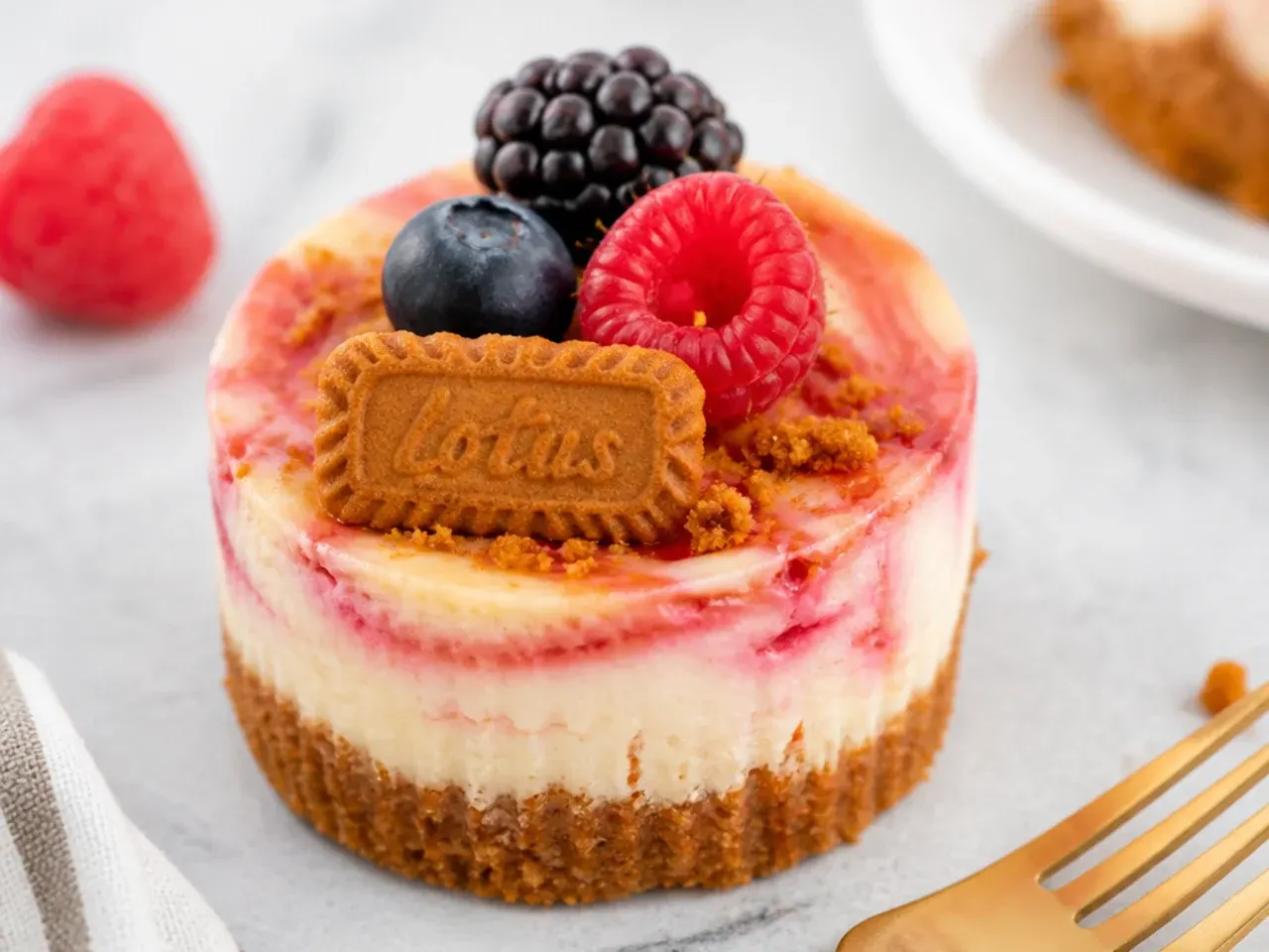 Colorful mini Biscoff cheesecake with a raspberry swirl and fresh berries on top