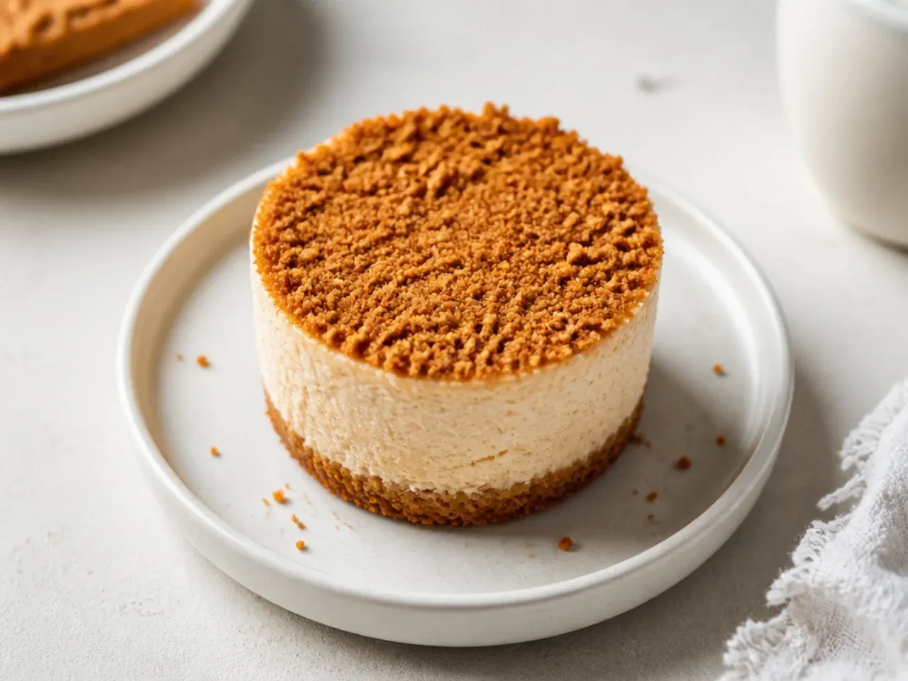 Minimal bare-topped mini Biscoff cheesecake dusted with fine Biscoff crumbs