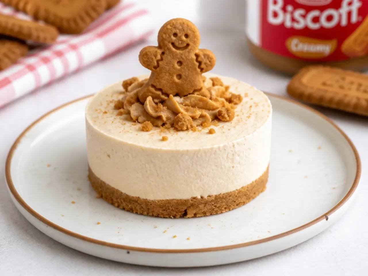 Festive gingerbread-spiced mini Biscoff cheesecake with a mini gingerbread biscuit
