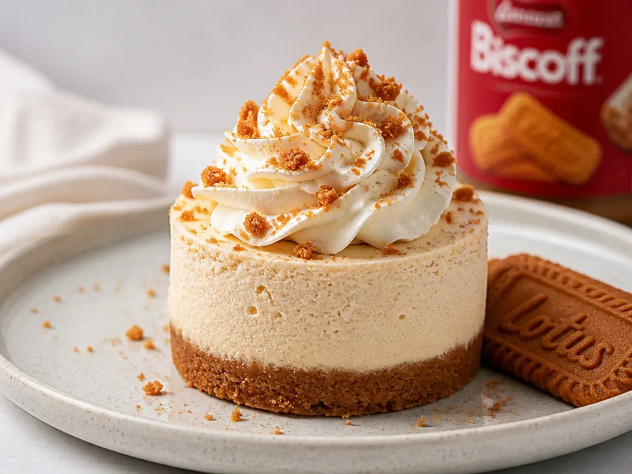 Whimsical mini Biscoff cheesecake with a tall whipped cream rosette and crumbs