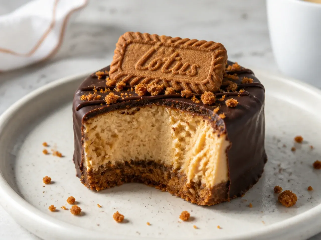Bold chocolate-dipped mini Biscoff cheesecake with a snappy dark chocolate shell