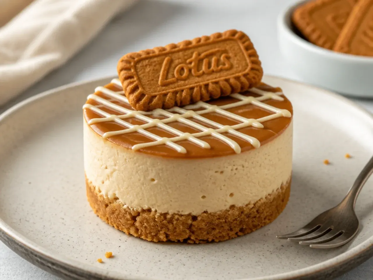 Delicate mini Biscoff cheesecake cross-hatched with fine white chocolate drizzle