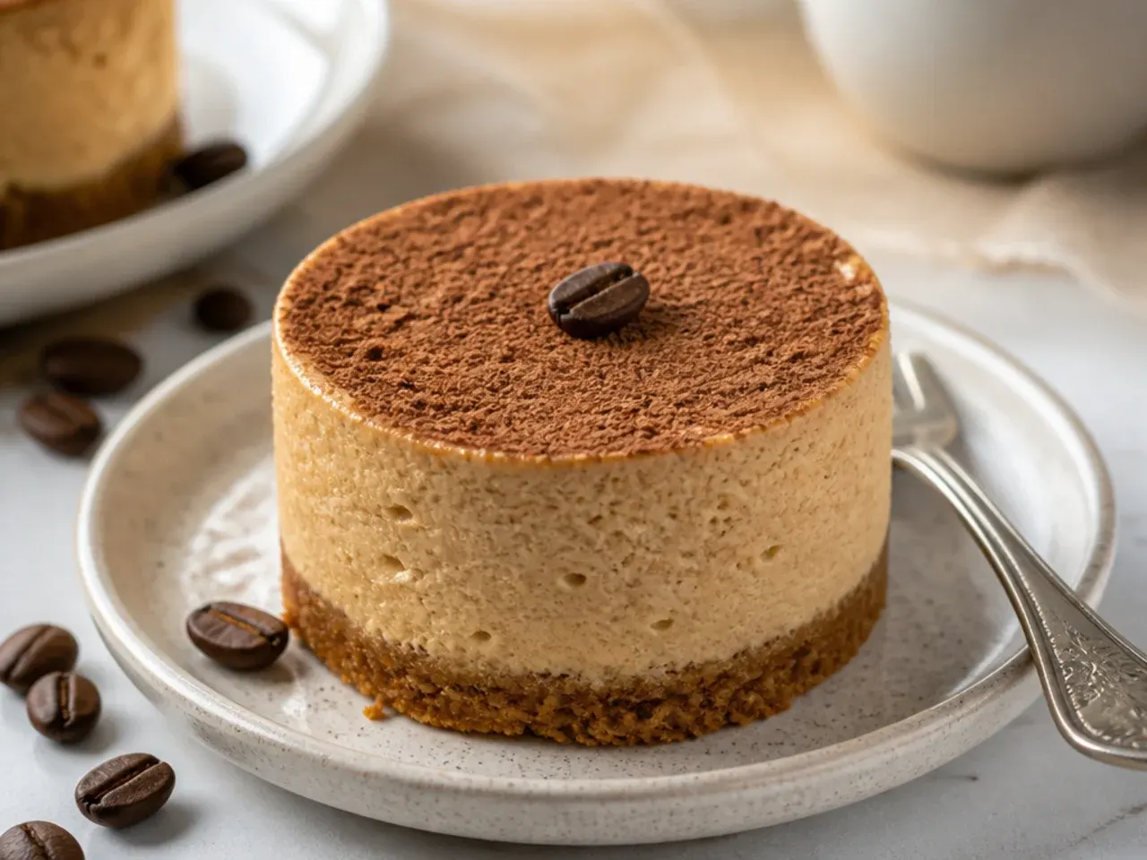 Vintage coffee-flavored mini Biscoff cheesecake dusted with cocoa and a coffee bean