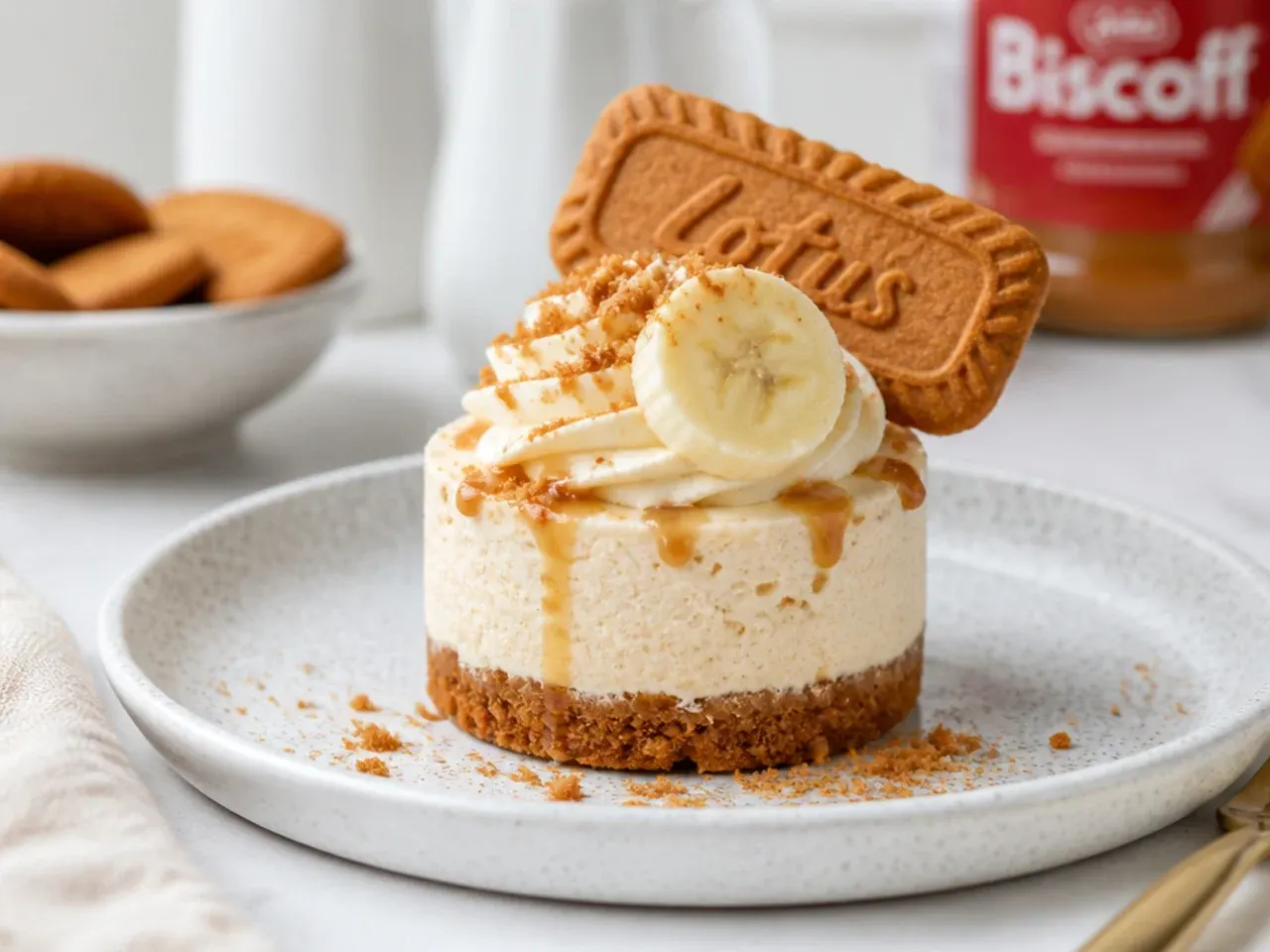 Banoffee mini Biscoff cheesecake with banana slices, cream swirl and caramel drizzle