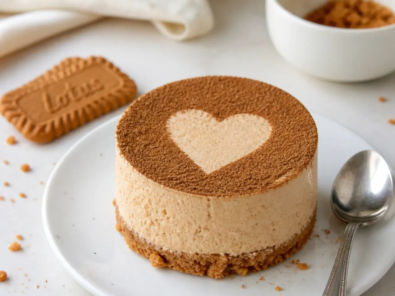 Charming mini Biscoff cheesecake with a heart stencil dusted in cocoa powder