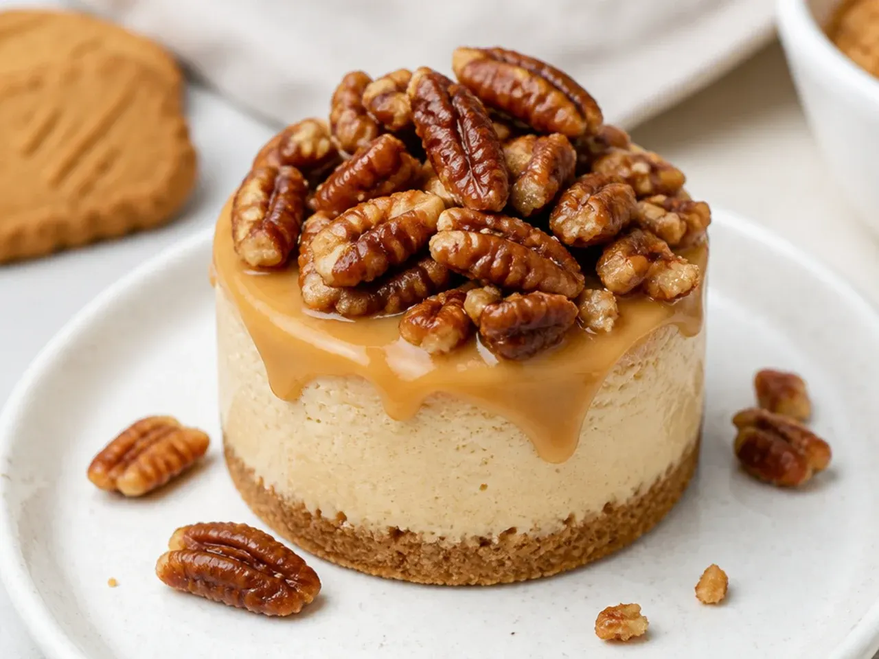 Classic pecan-praline mini Biscoff cheesecake topped with toasted candied pecans