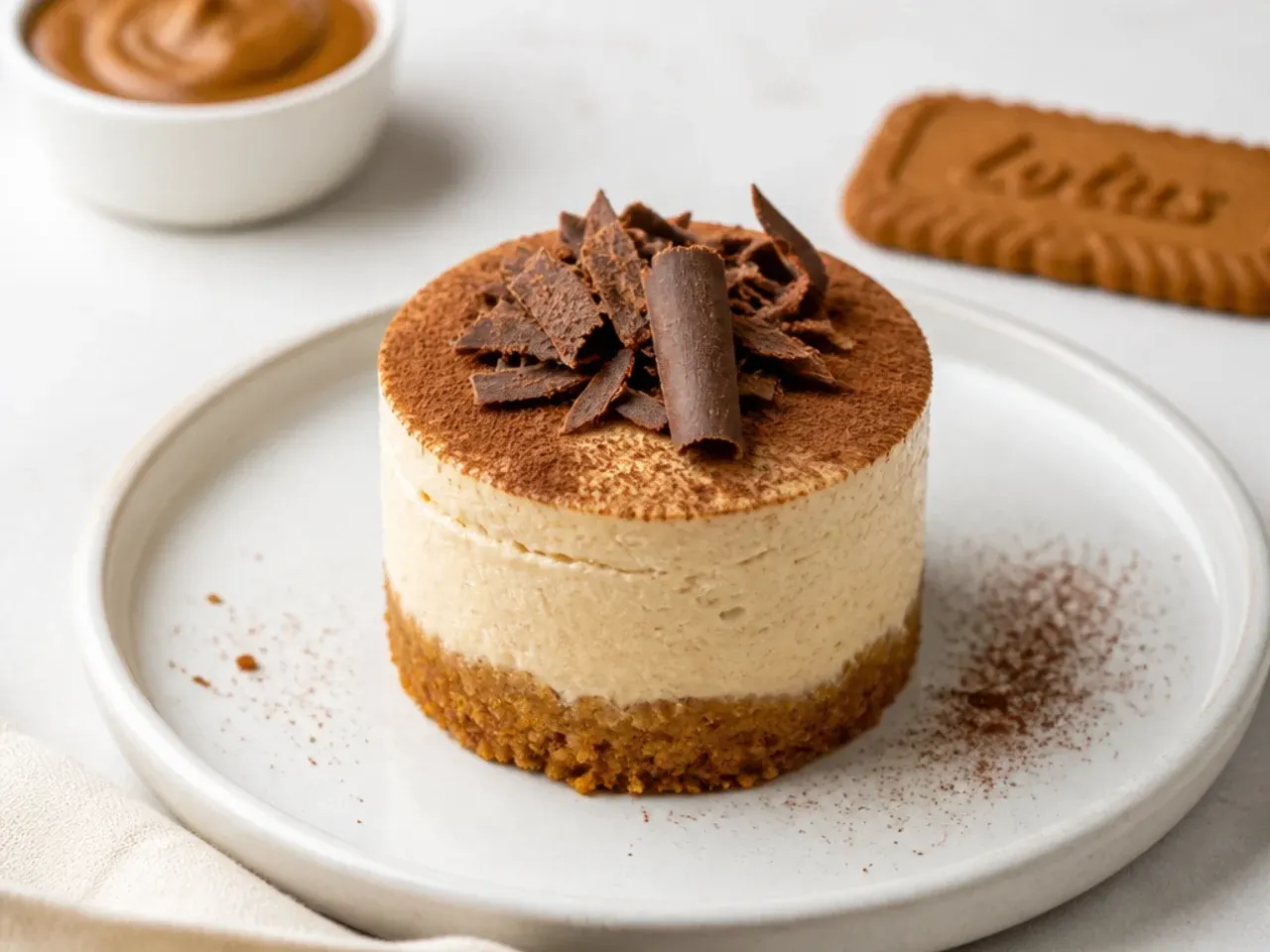 Elegant mini Biscoff cheesecake finished with dark chocolate curls and cocoa