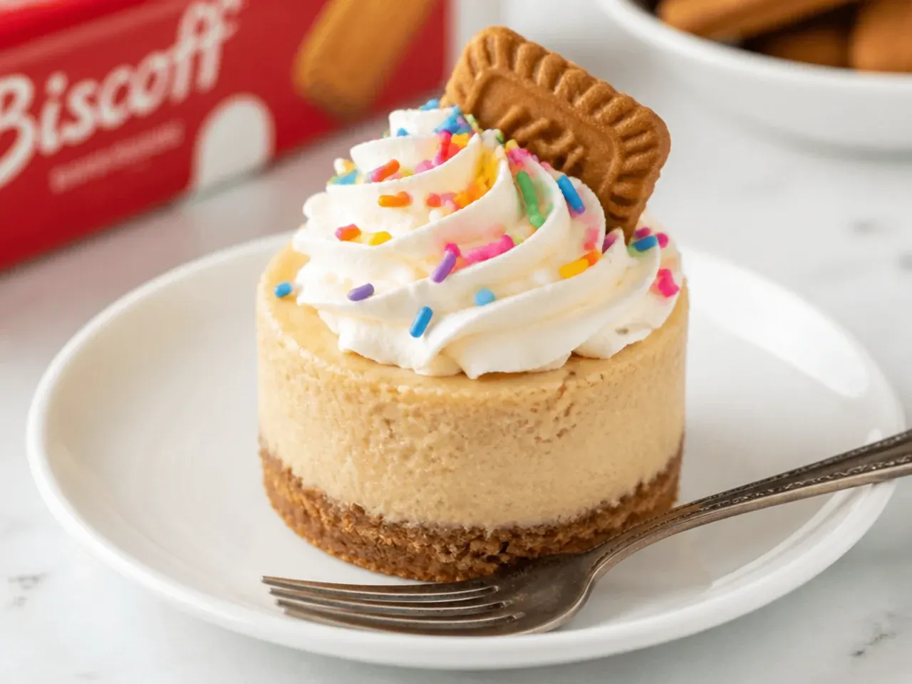 Playful mini Biscoff cheesecake with a whipped cream swirl and rainbow sprinkles