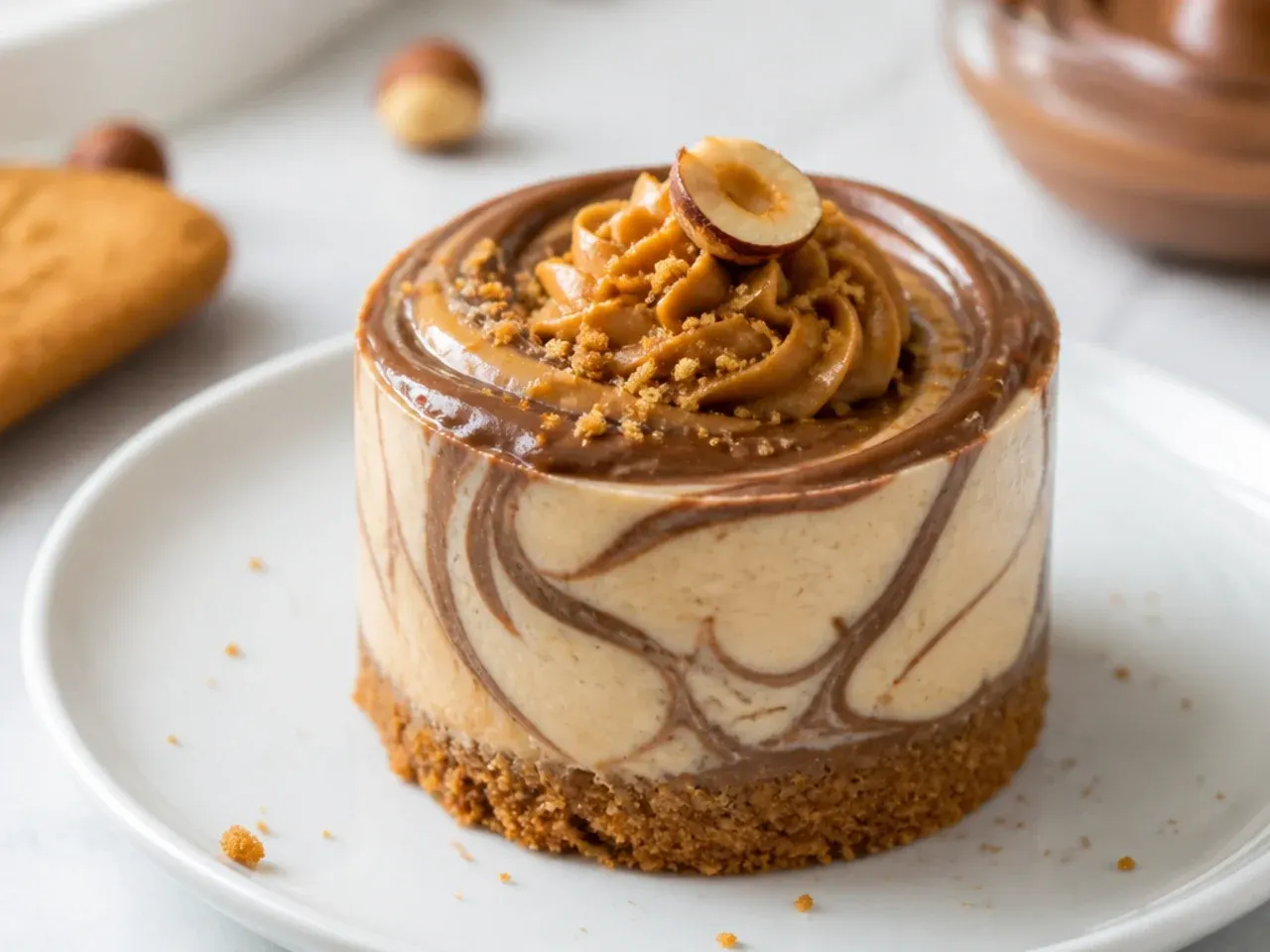 Modern mini Biscoff cheesecake marbled with swirls of Nutella and a toasted hazelnut