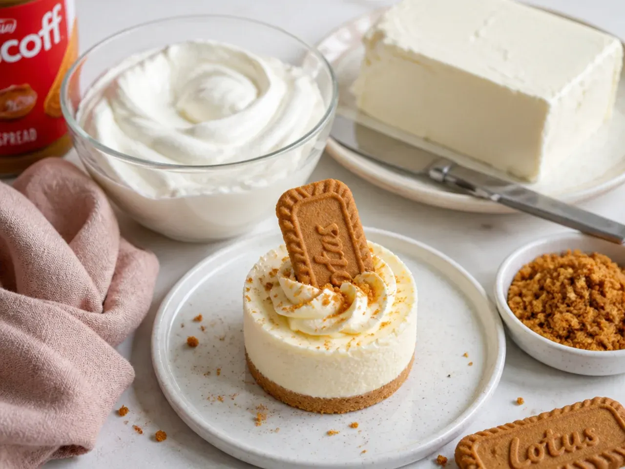 Pro tips for setting mini Biscoff cheesecakes shown with whipped filling and block cream cheese