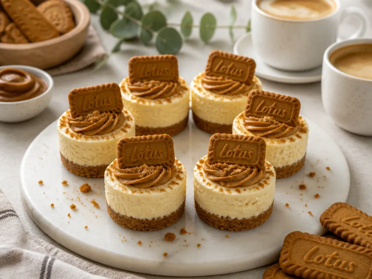 Mini Biscoff cheesecakes served on a dessert board with coffee and extra biscuits