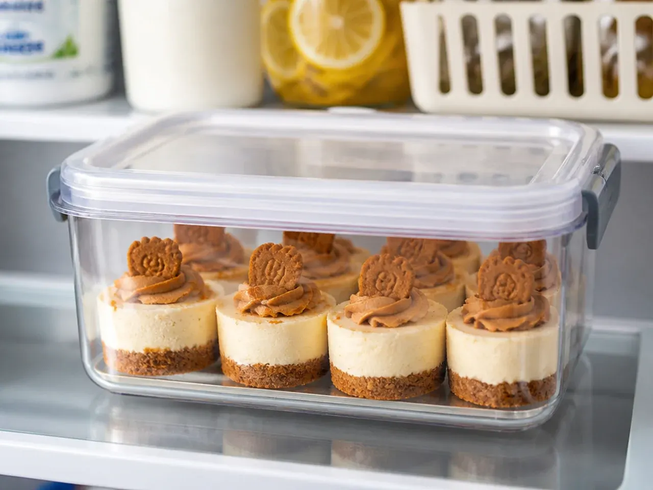 Mini Biscoff cheesecakes stored in an airtight container in the fridge for make-ahead