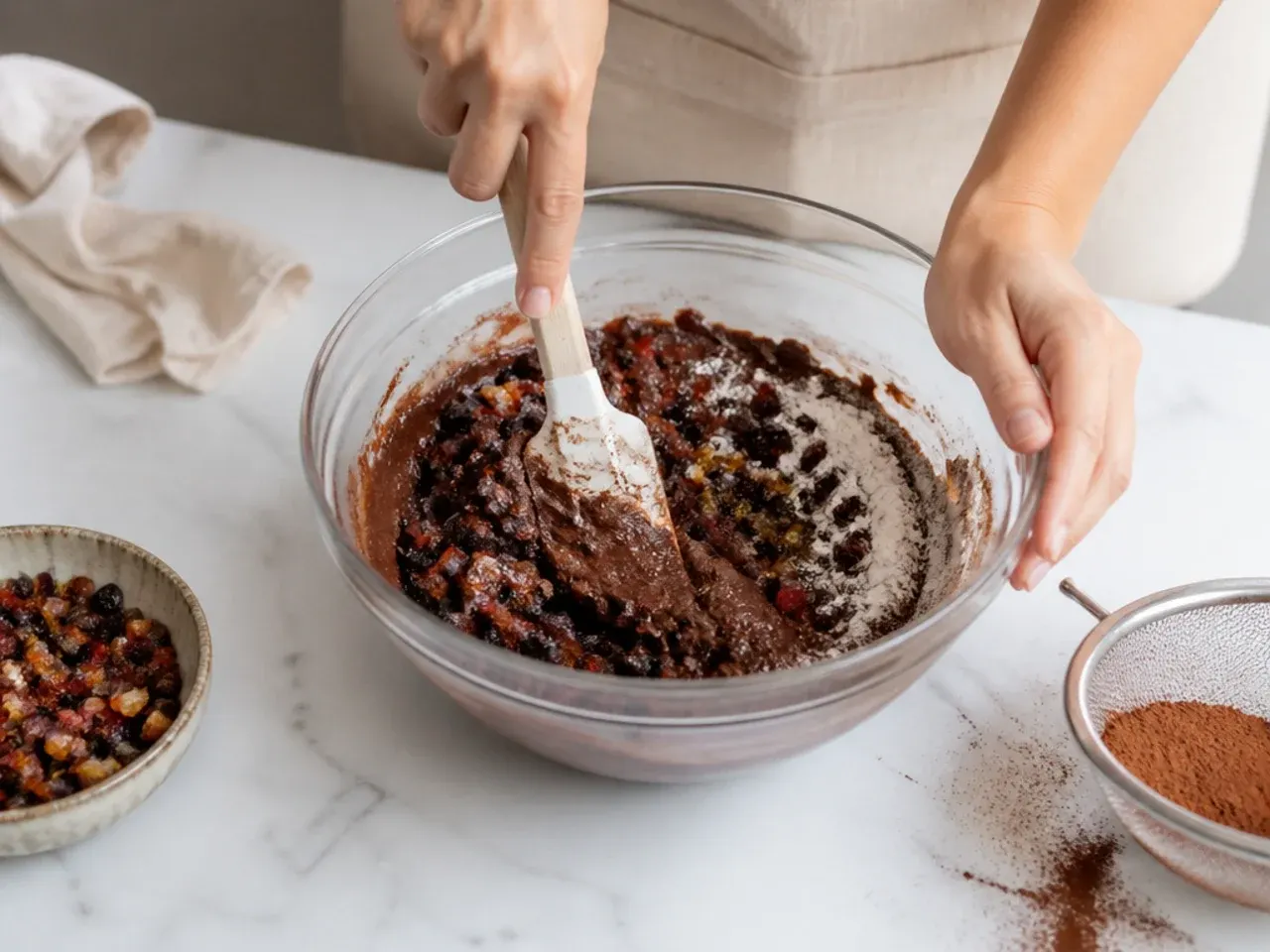 mini black cake — step 5: fold in fruit and dry ingredients