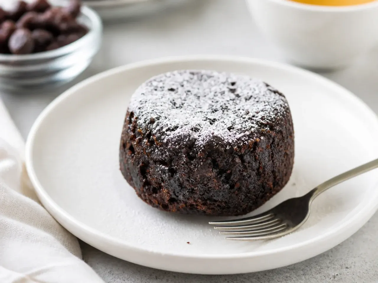 Classic rum-soaked mini black cake dusted with icing sugar on a white plate