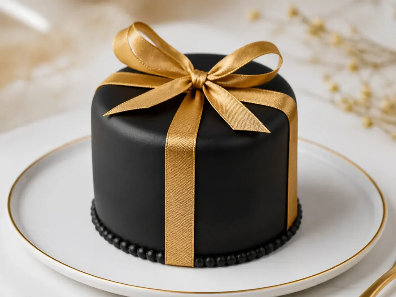 Elegant marzipan and fondant wrapped mini black cake with gold ribbon