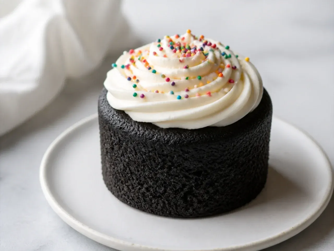 Playful mini black cake topped with white frosting swirl and rainbow sprinkles