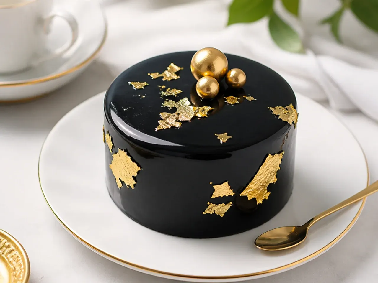 Modern mini black cake covered in glossy dark mirror glaze with gold leaf