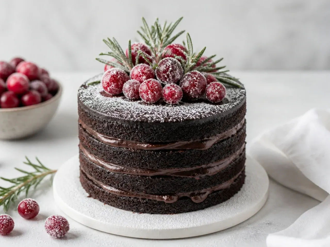 Rustic naked mini black cake with sugared cranberries and rosemary