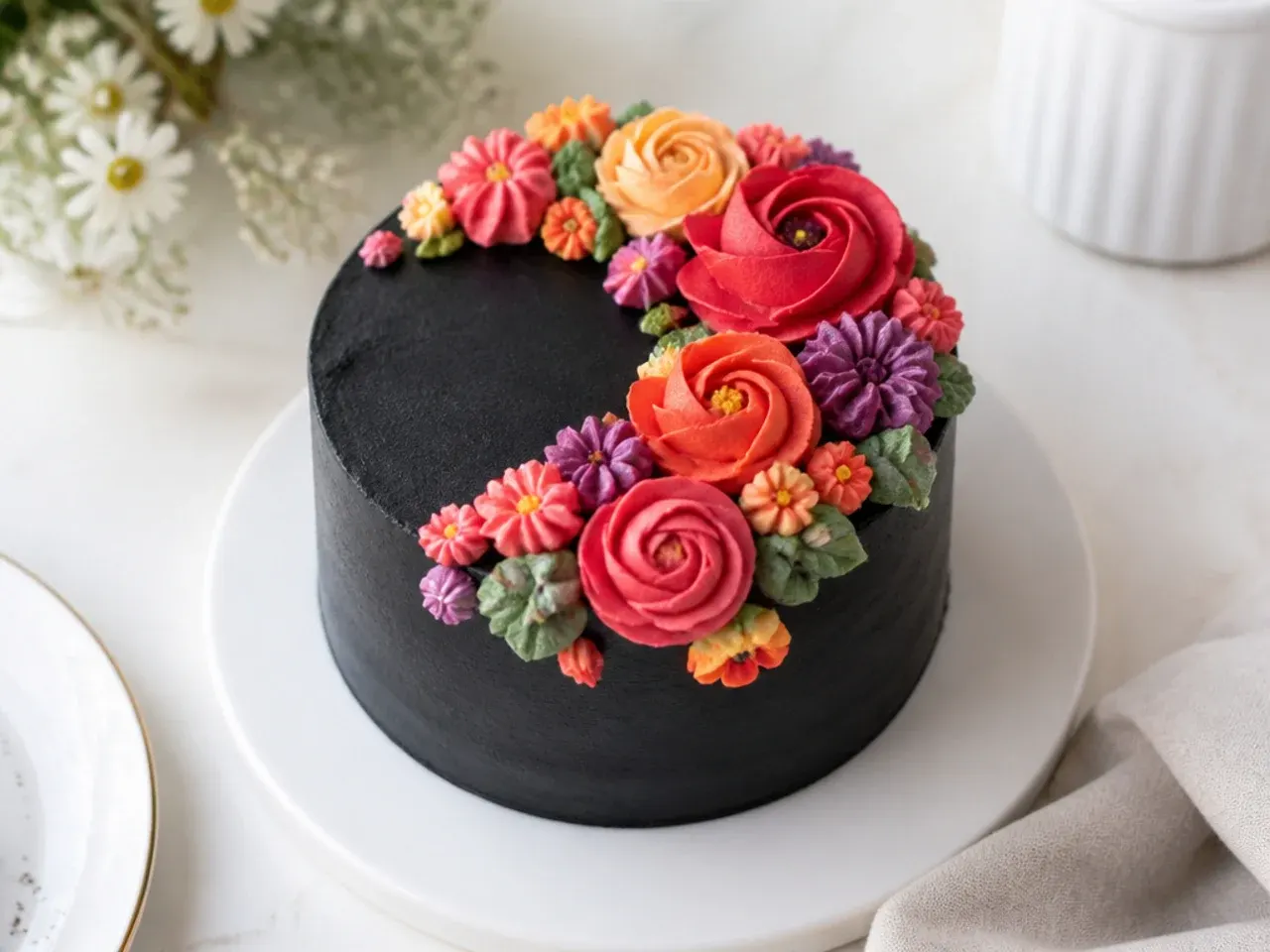 Colorful buttercream flowers piped on a black-frosted mini black cake