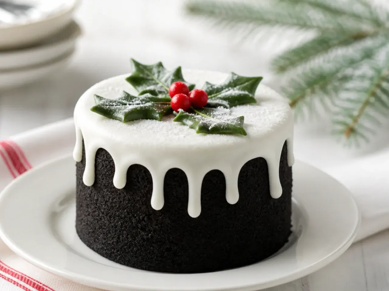 Festive Christmas mini black cake with white royal icing snow and holly