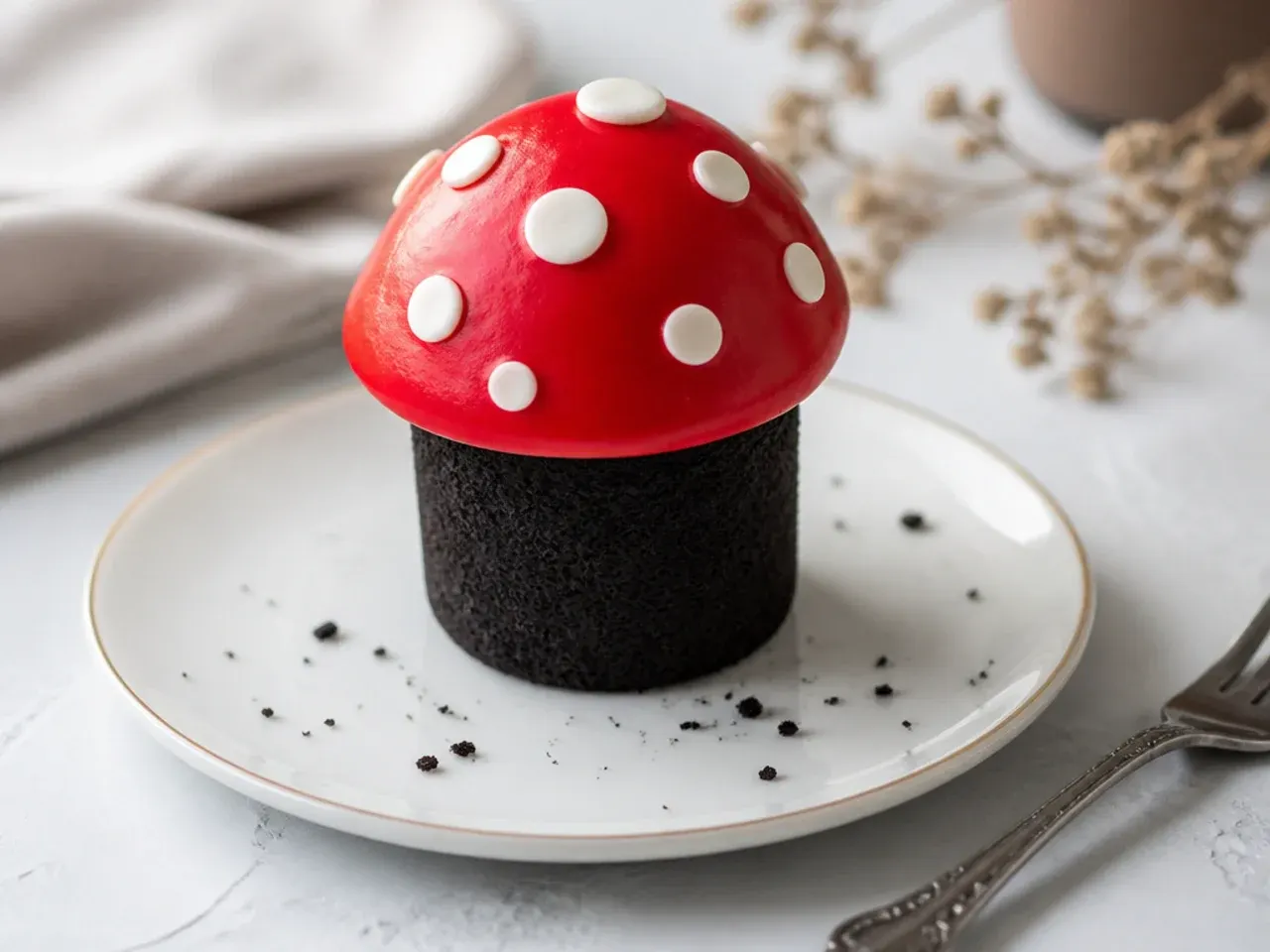 Whimsical toadstool mini black cake with red cap and white polka dots