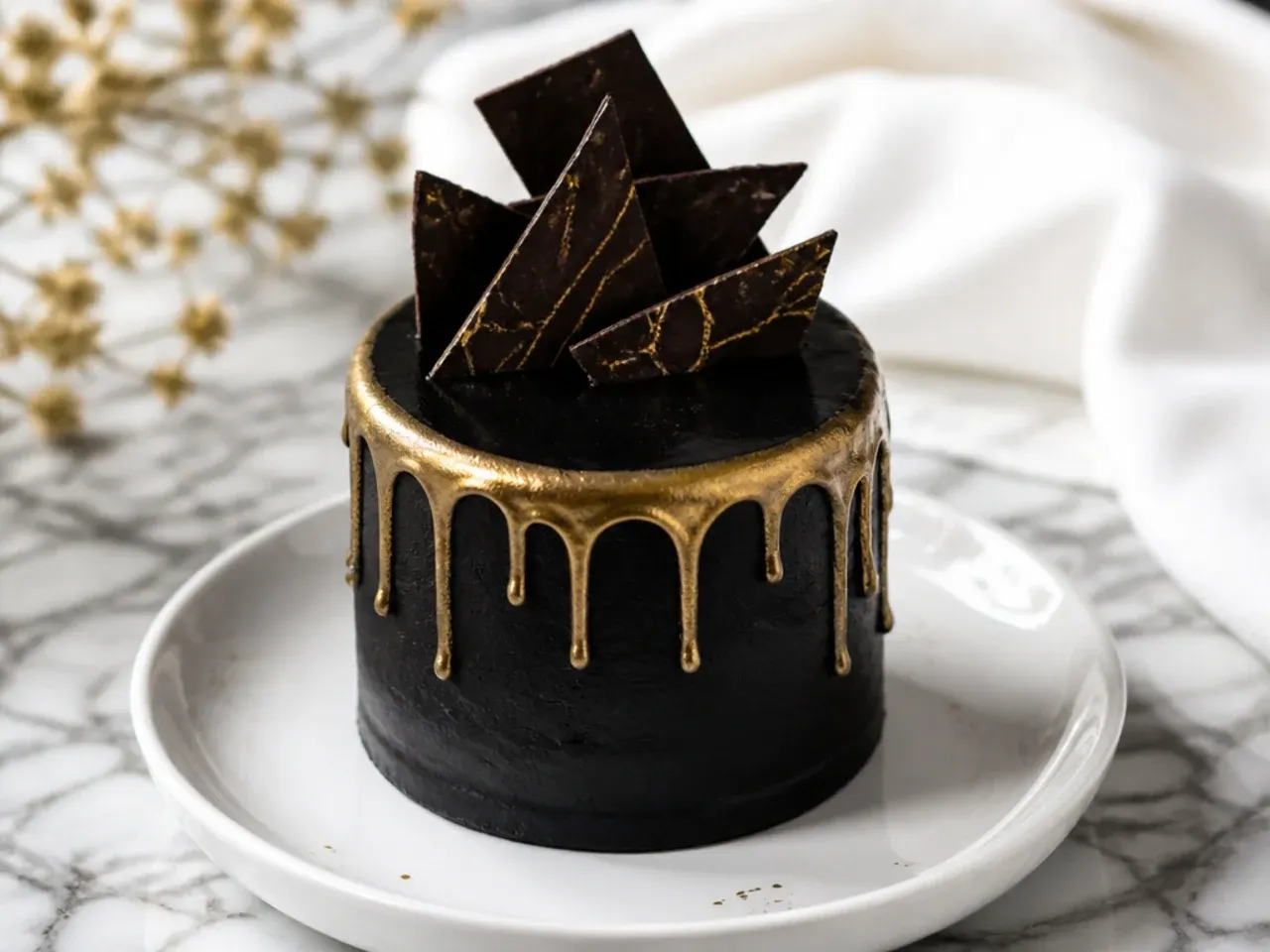 Bold black mini cake with dripping gold metallic edge and chocolate shards