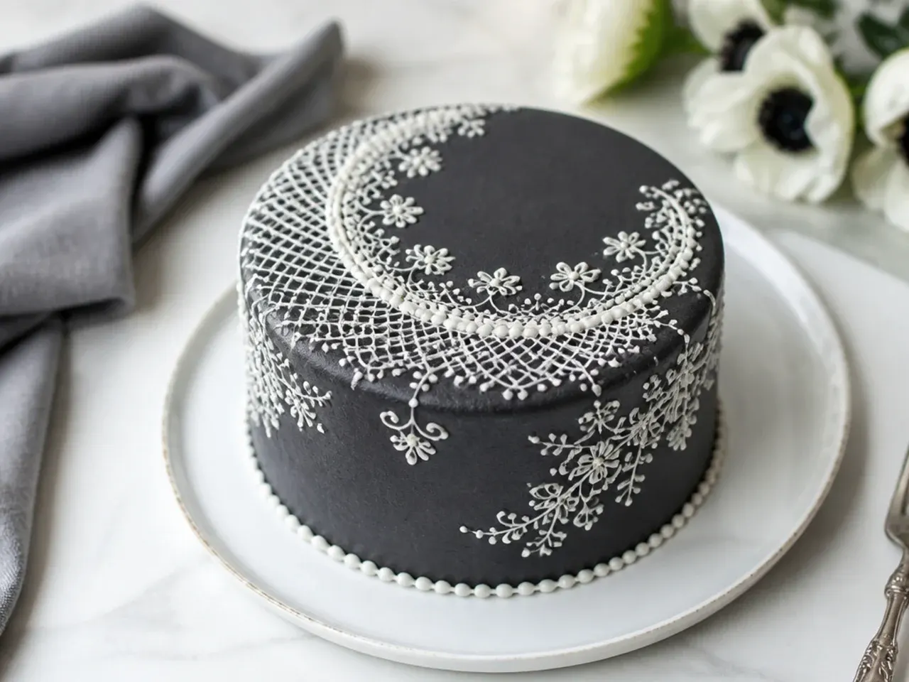 Delicate white lace piping over a dark mini black cake