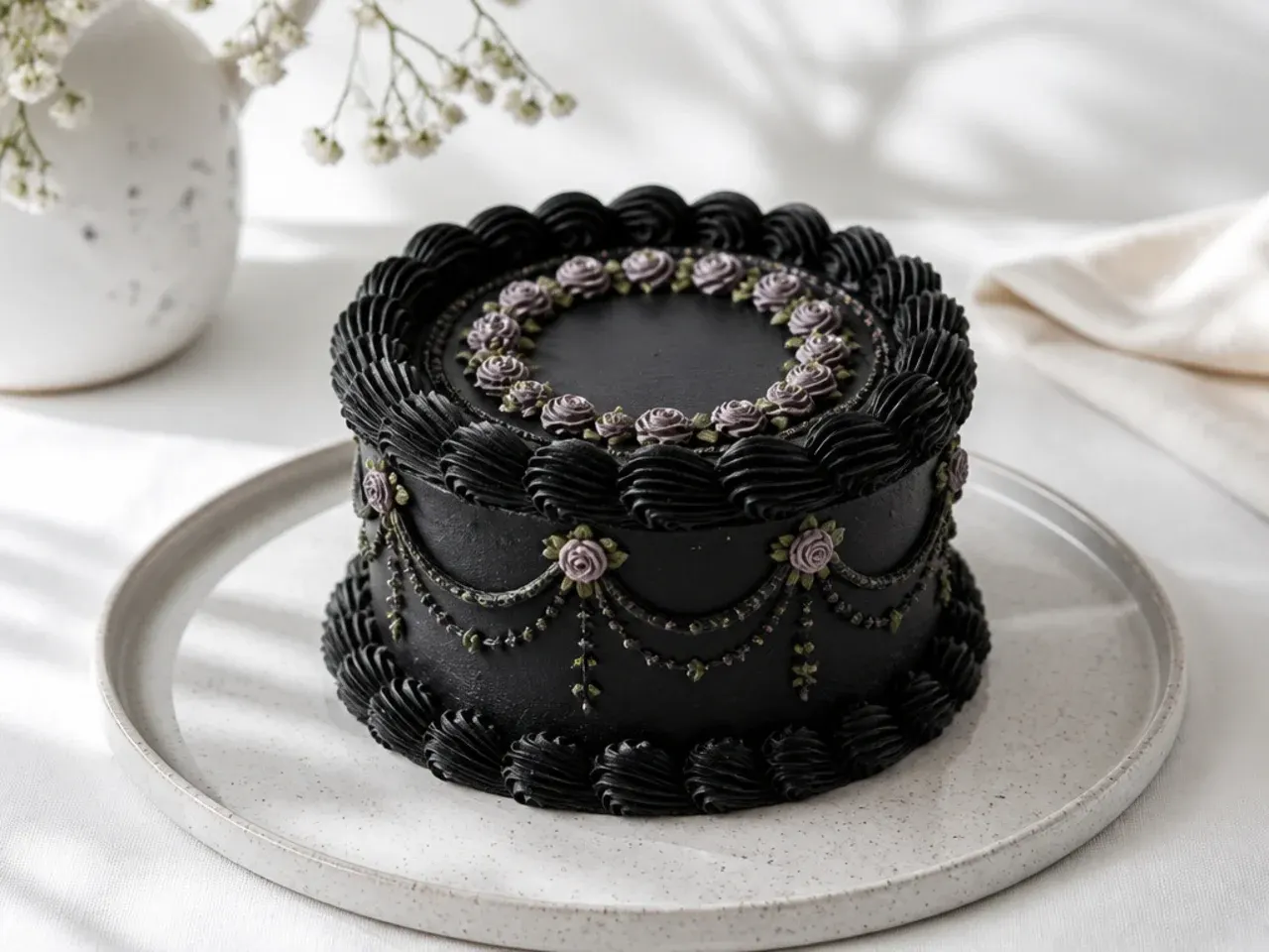 Vintage mini black cake with piped shell borders and muted rosettes