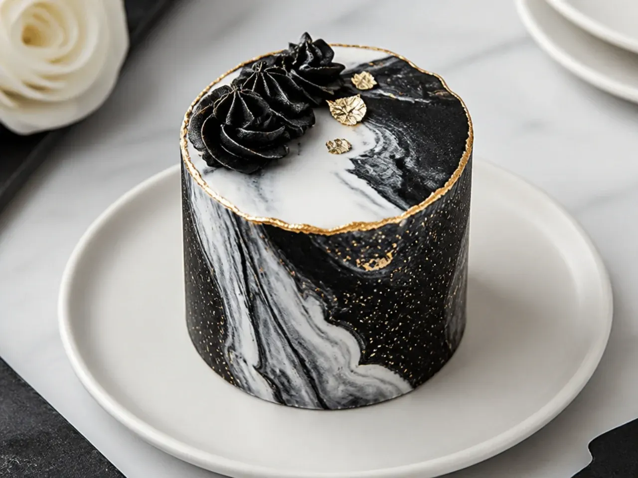 Creative marbled black and white fondant mini black cake with gold edge