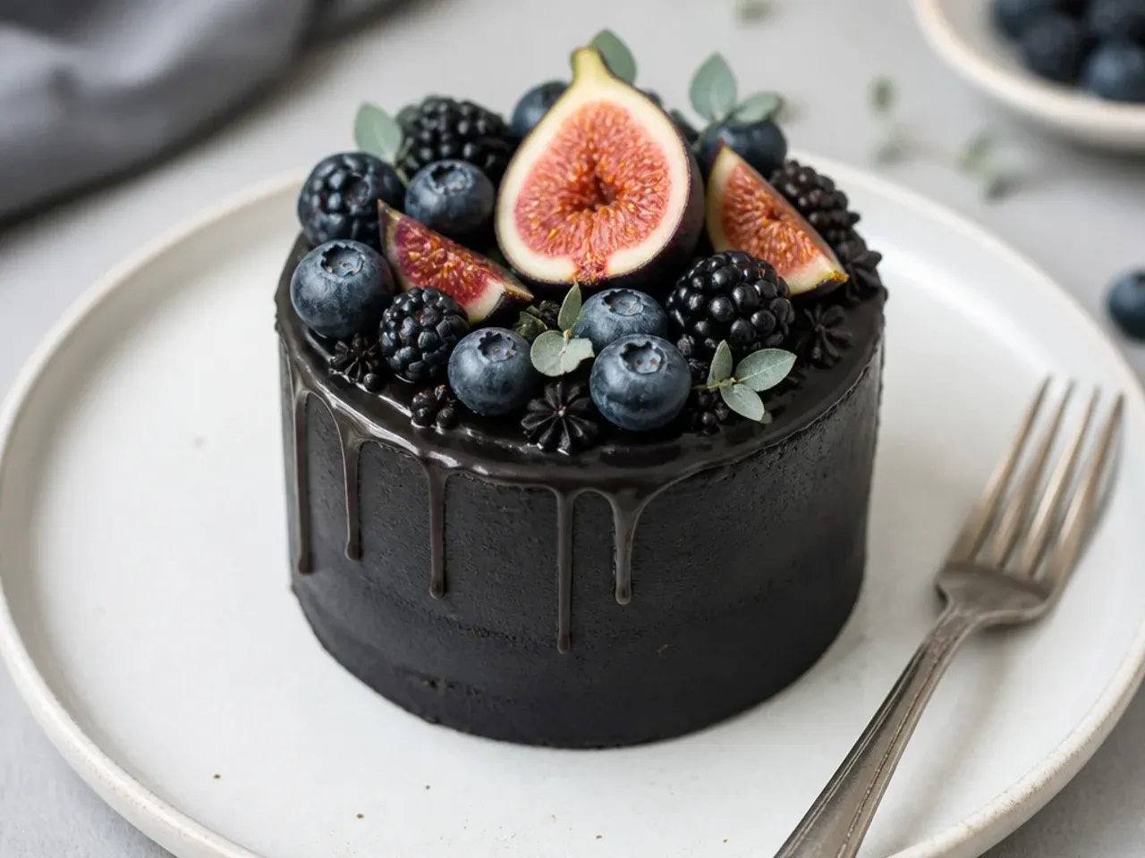 Charming mini black cake topped with blackberries, blueberries and figs