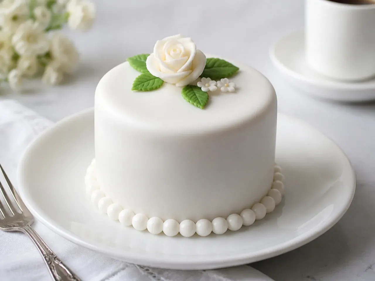 Classic mini black cake iced smooth in white royal icing over marzipan