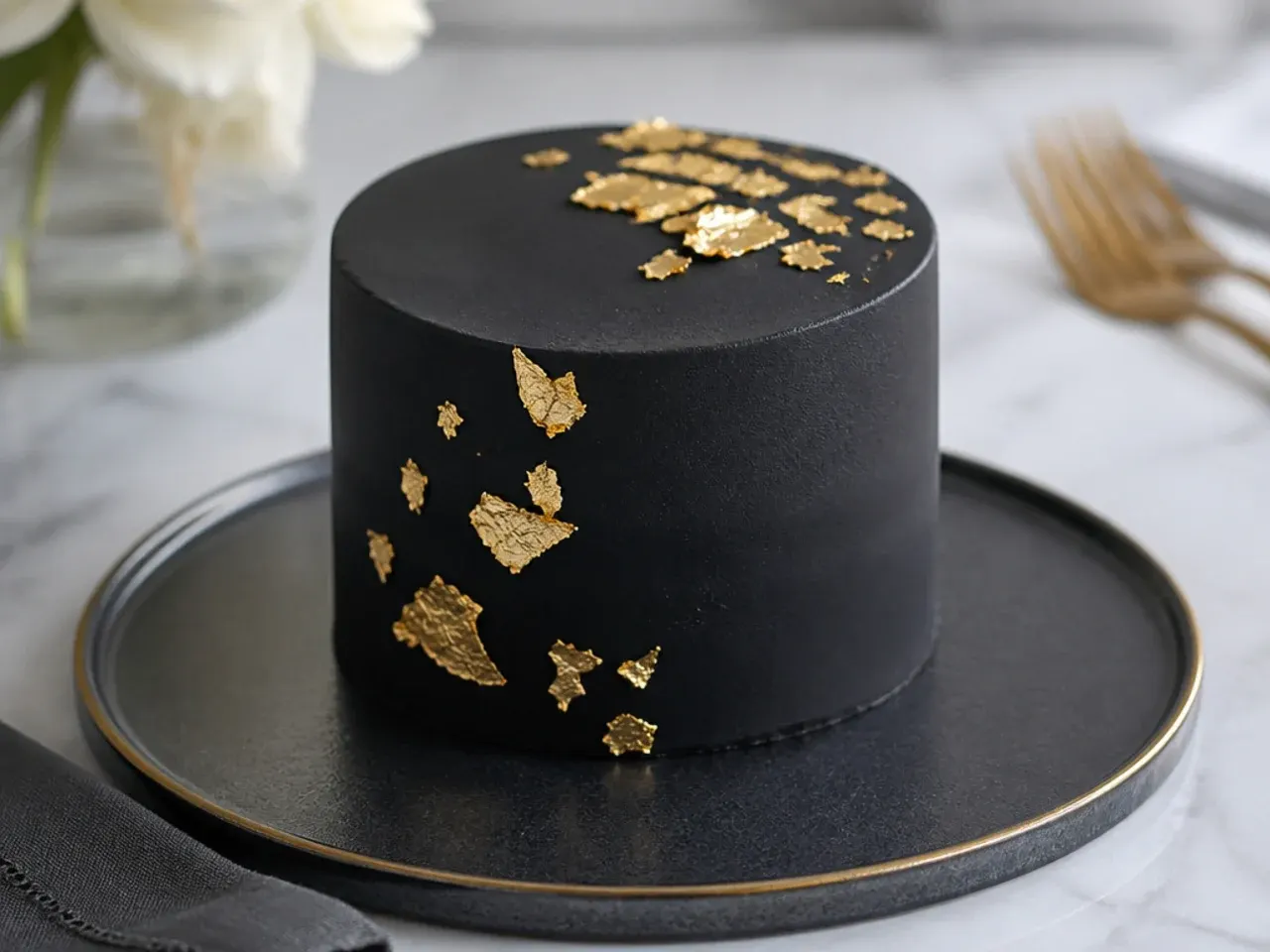 Elegant matte black mini cake accented with torn edible gold leaf