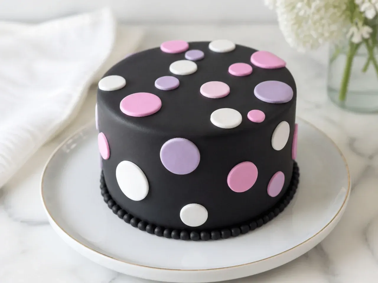 Playful black fondant mini cake covered in white and pastel polka dots