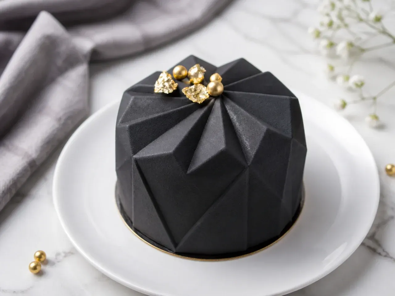 Modern mini black cake decorated with angular geometric fondant facets