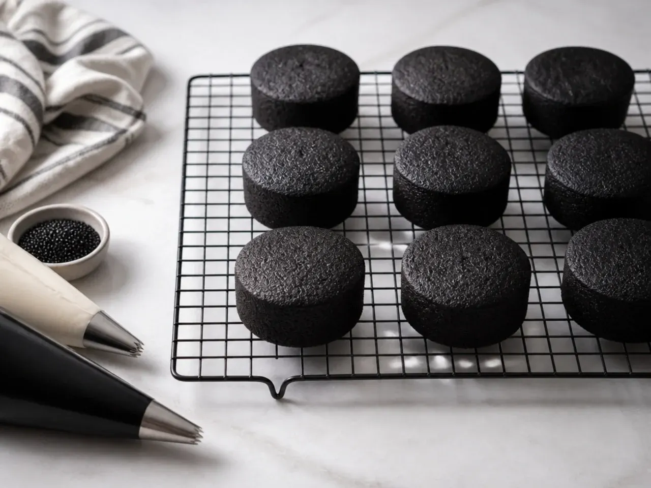 Mini black cakes chilling on a rack ready to decorate with tips laid out
