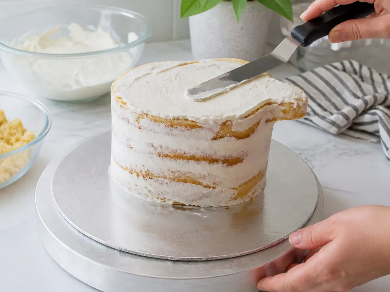 mini dinosaur cake — step 6: fill and crumb coat