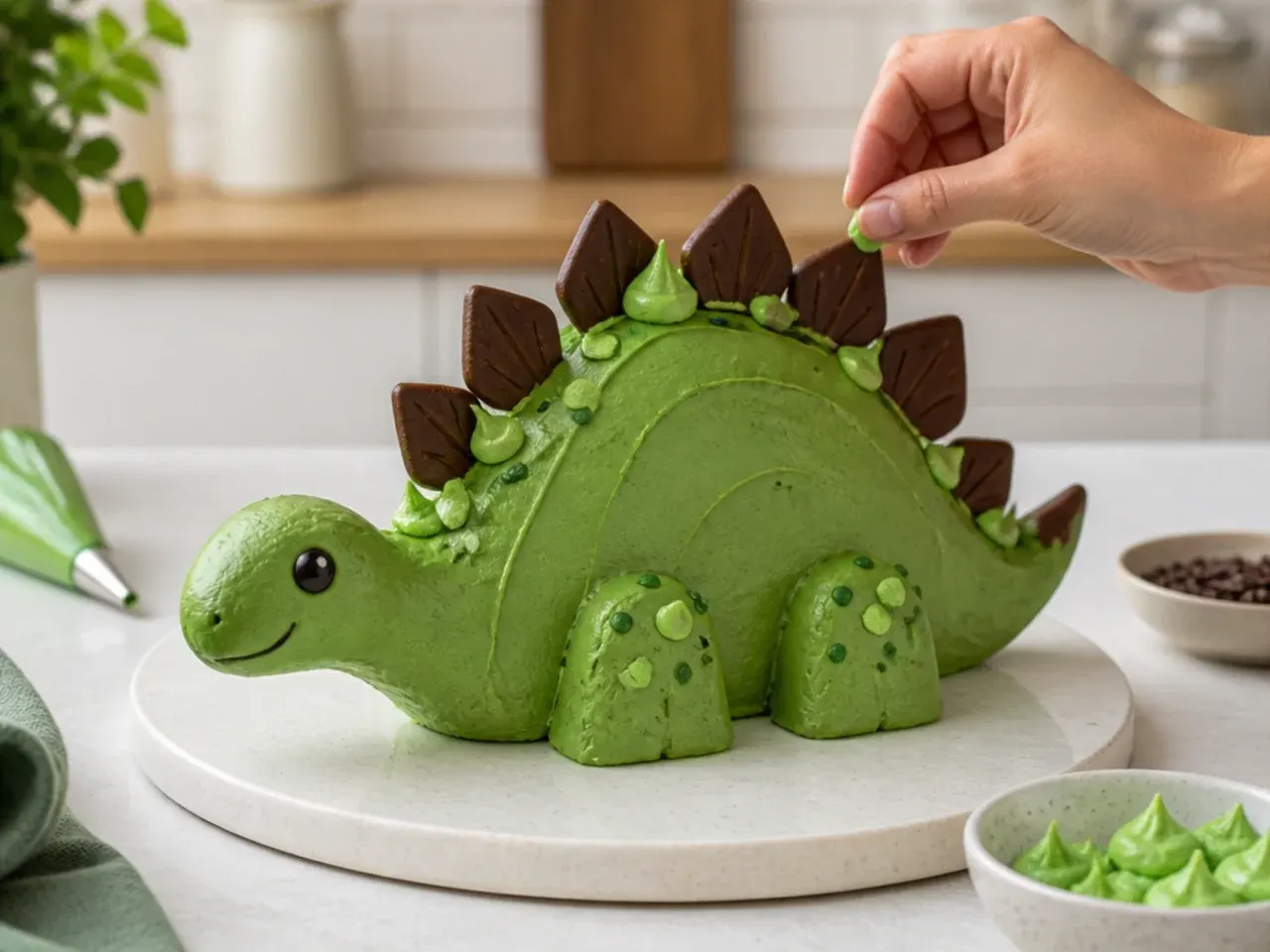 mini dinosaur cake — step 7: final coat and decorate