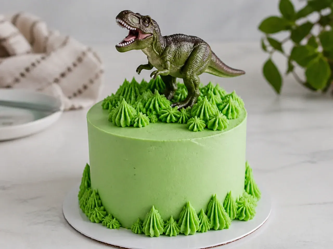 Classic green buttercream mini dinosaur cake with piped grass and toy T-rex topper