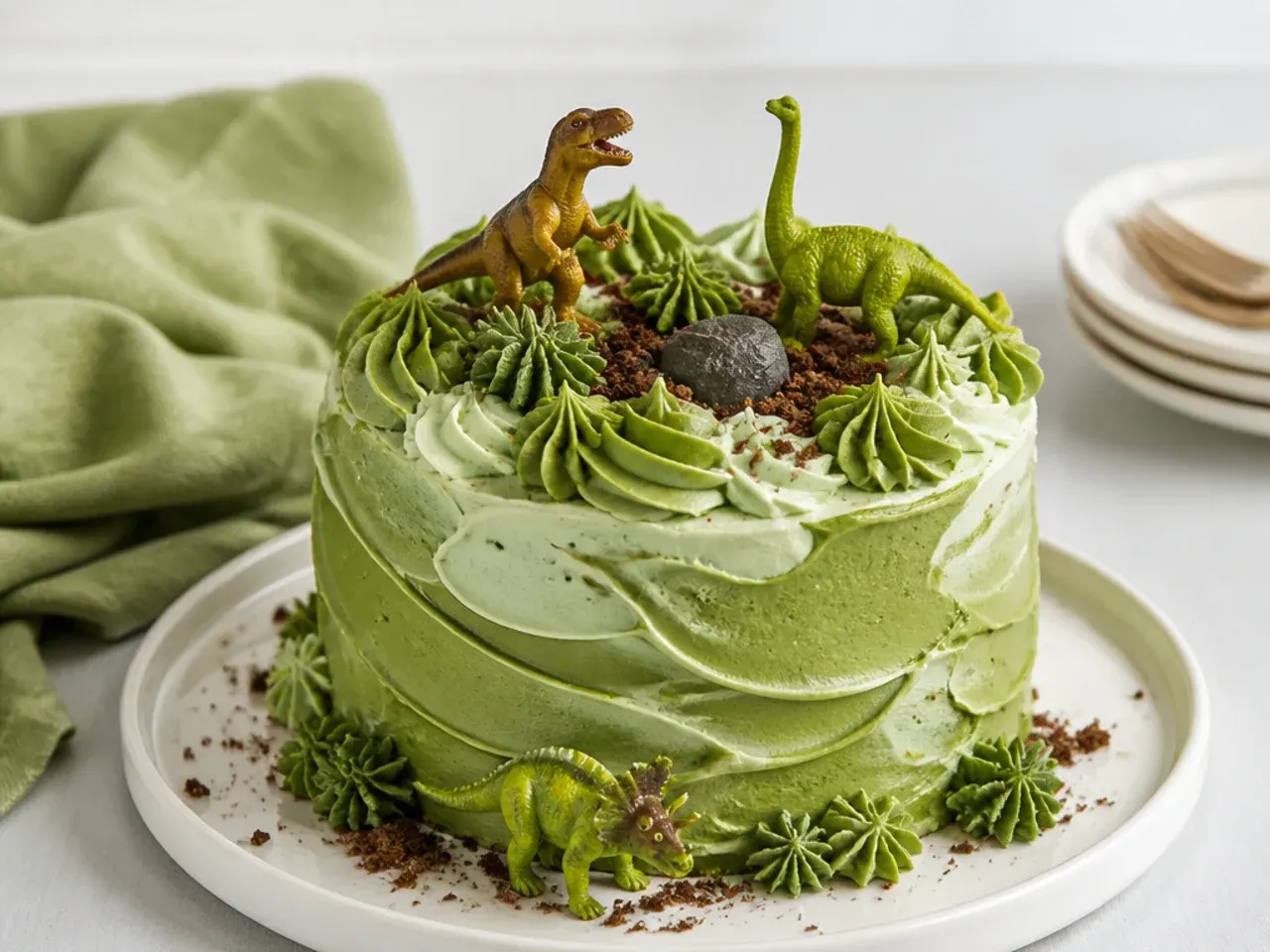 Easy mini dinosaur cake with swirled green frosting and plastic dinosaur toys
