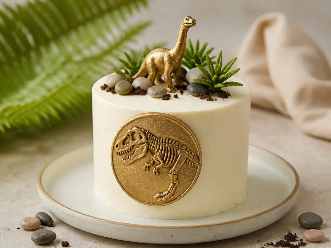 Elegant mini dinosaur cake with gold fossil imprint medallion on ivory buttercream