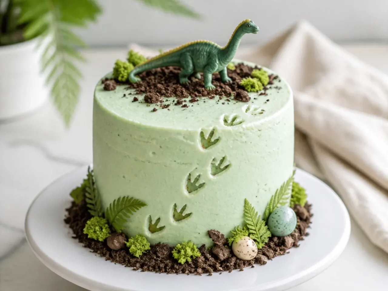 Playful mini dinosaur cake with footprint trail stamped in buttercream