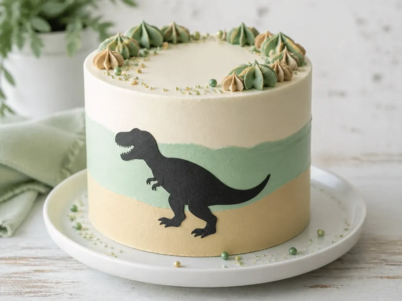 Modern mini dinosaur cake with colour-block buttercream and black silhouette